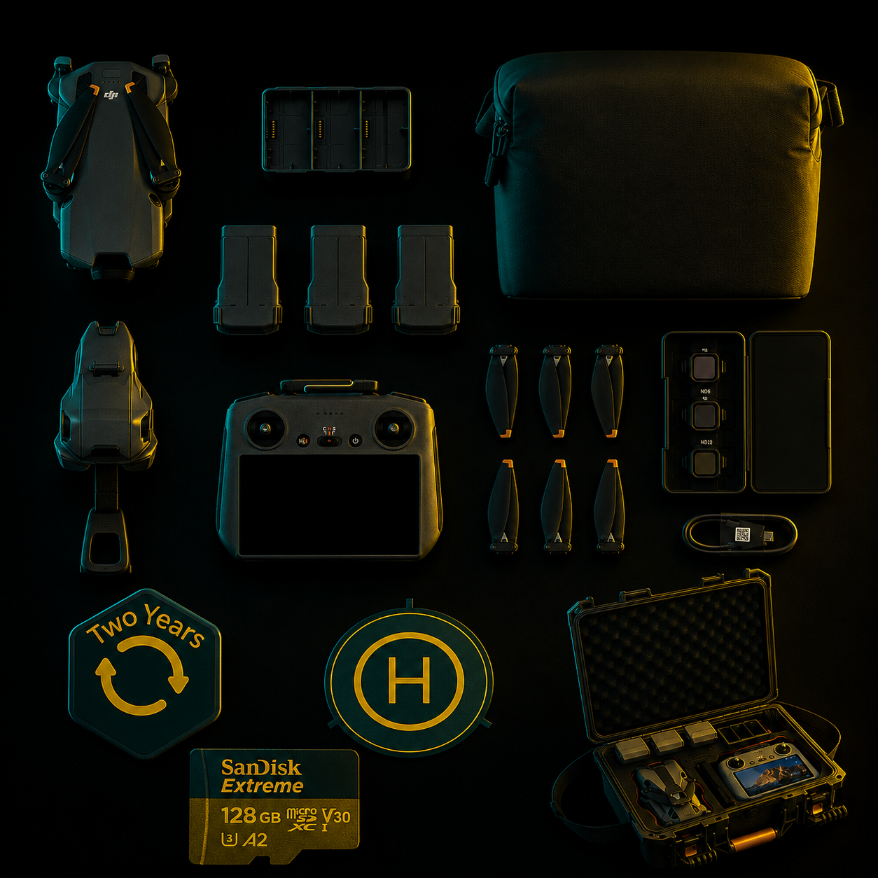 Full DJI drone kit with batteries, controller, ND filters, and hard case